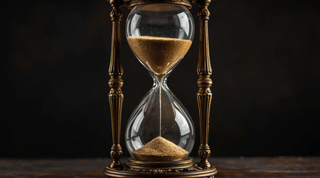 Hourglass on dark background. Sand running through the glass. Time passing conceptの素材