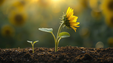 Sunflower seedling growing in soil with blurred sunflowers backgroundの素材