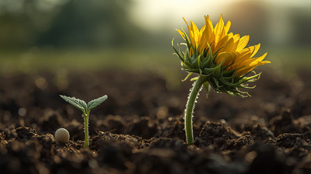 Sunflower seedling growing in the soil. Concept of agriculture.の素材
