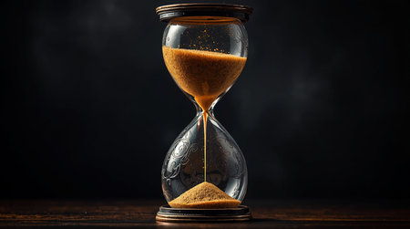 Hourglass with flowing sand on dark background. Time management concept.の素材