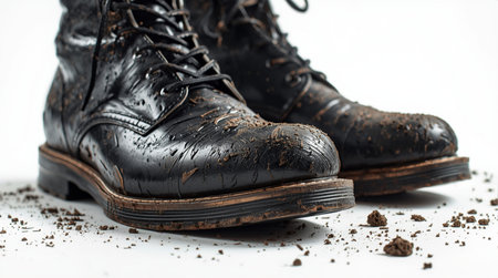 Pair of old dirty black boots on a white background. Shallow depth of fieldの素材