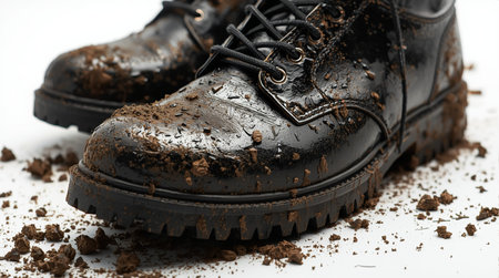 Pair of dirty old black boots on white background, closeupの素材