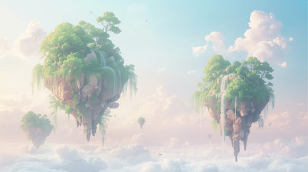 Tropical island floating in the clouds. 3d render illustrationの素材