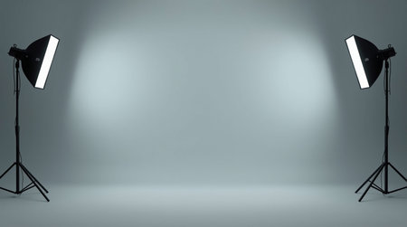 Studio lighting equipment on gray wall background. 3D Rendering.の素材