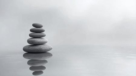 Pyramid of zen stones on a gray background with reflection in waterの素材