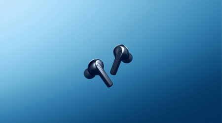 Wireless headphones on a blue background. 3d rendering, 3d illustration.の素材