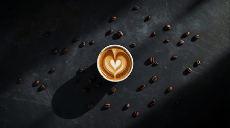 Coffee cup with latte art and coffee beans on dark backgroundの素材