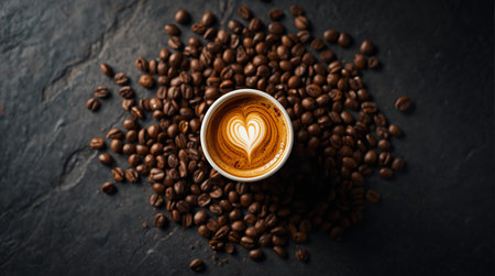 Coffee cup with latte art and coffee beans on dark backgroundの素材