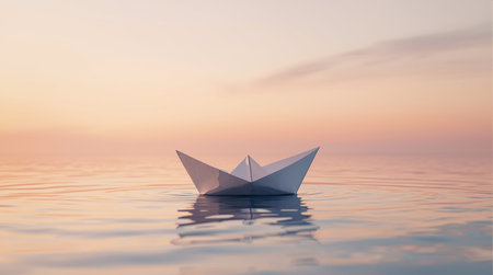 Paper boat floating on the sea at sunset. 3D rendering.の素材