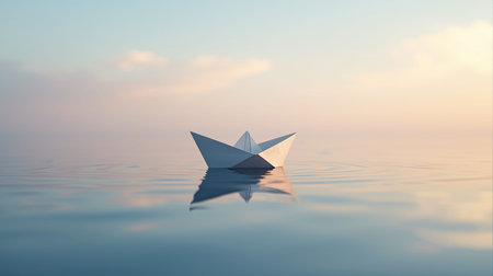Paper boat floating on the water. 3d render. Business and finance conceptの素材