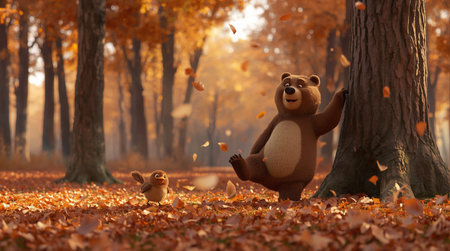 Teddy bear in the autumn forest. 3d render. Brown bear in the autumn forest.の素材