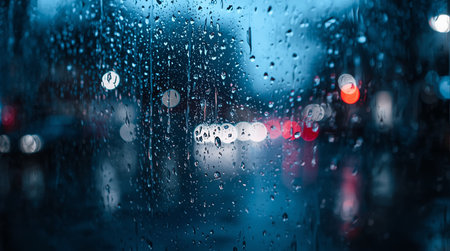 Rain drops on the window with blur background of car in the cityの素材