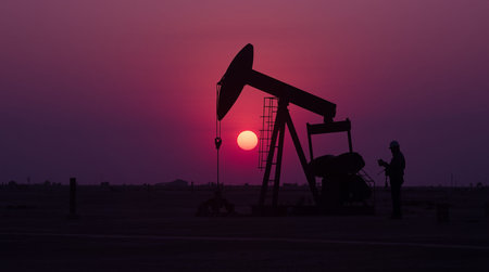 The oil pump, industrial equipment in the background of the setting sunの素材