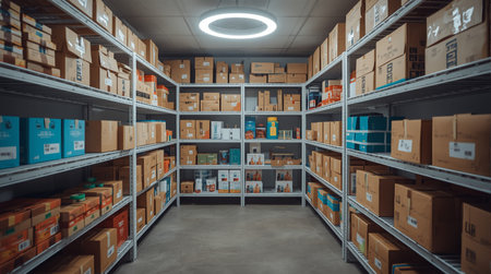 Warehouse interior with shelves full of cardboard boxes and shelves with goodsの素材