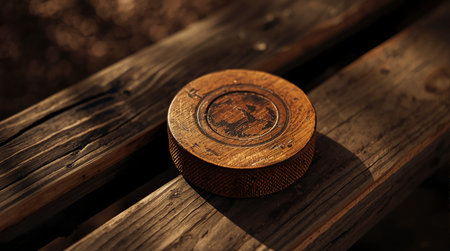 Close up of a wooden coin on a rustic wooden bench.の素材