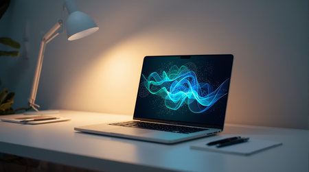Laptop with blue glowing electricity lightning drawing on screen 3D renderingの素材