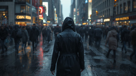 A man in a raincoat walks through the streets of Manhattan.の素材