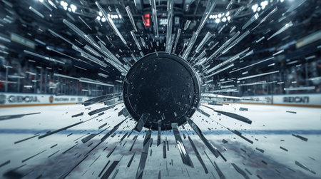 Hockey puck in motion against view of hockey rink. 3d renderingの素材