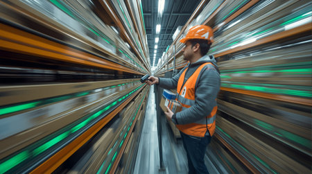 Portrait of a factory worker with safety helmet and reflective vest working in a warehouseの素材