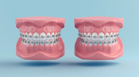 Removable partial denture with orthodontic brackets on blue backgroundの素材
