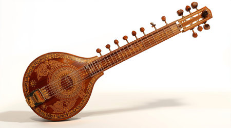 Sitar isolated on a white background. 3D rendering. Musical instrument.の素材