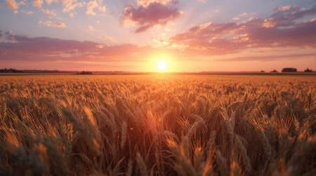 Sunset or sunrise in an agricultural field with ears of young golden wheat.の素材