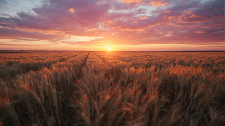 Sunset or sunrise in an agricultural field with ears of young golden rye. Landscape.の素材