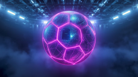 Soccer ball with neon lights on the background. 3d renderingの素材