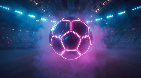 Soccer ball with neon lights. 3d rendering. Virtual reality.の素材