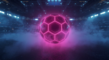 3D rendering of a soccer ball in neon light. Futuristic backgroundの素材