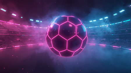 3d rendering of a soccer ball on a dark background in neon lightの素材