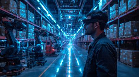 Smart factory worker using augmented reality technology to identify package picking and delivery. Future concept of supply chain and logistics network business.の素材