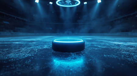 Hockey puck on ice arena, neon light, 3d renderの素材