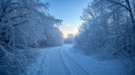 Winter landscape with road and trees covered with hoarfrost at sunsetの素材