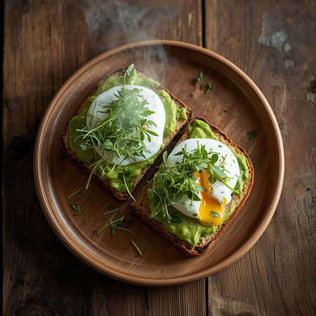 Avocado toast with arugula and poached egg on wooden backgroundの素材