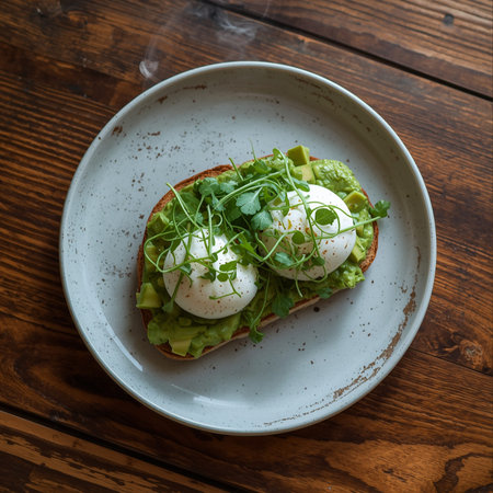 Sandwich with poached egg, avocado and arugula on wooden backgroundの素材