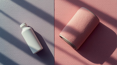 Cosmetic bottle with cream and towel on pink and gray background. Top viewの素材