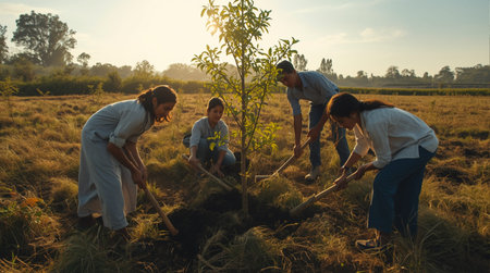 Group of asian people planting tree in the garden at sunset.の素材