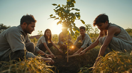 Group of young people planting a tree in the field at sunset.の素材
