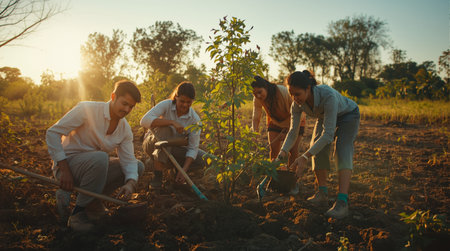 Group of young people planting tree in the garden at sunset time.の素材