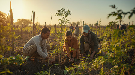 Group of farmers are planting tomatoes on the field at sunset time.の素材