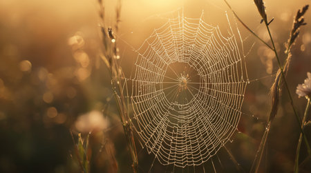 Morning dew on the spider web in the meadow at sunriseの素材