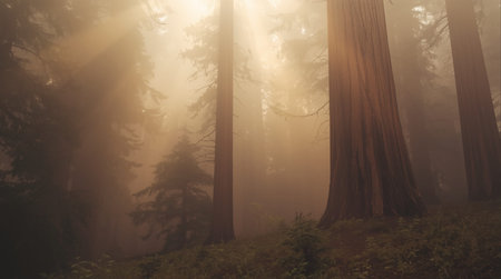 Giant Sequoia trees in a foggy forest in Californiaの素材