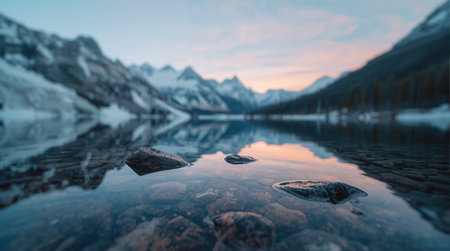 Reflection of the mountains in the water at sunset, Alberta, Canadaの素材