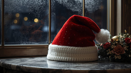 Santa Claus red hat on a window sill. Christmas and New Year conceptの素材