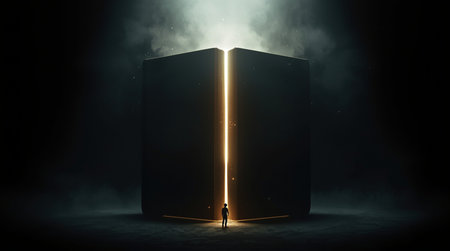 Silhouette of businessman standing in front of opened book. Mixed mediaの素材