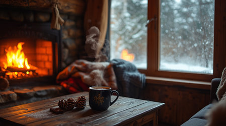 Cup of hot drink in front of the fireplace in winter.の素材