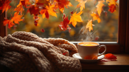 Cup of hot tea with scarf and autumn leaves on window sillの素材