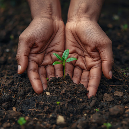 Hands of African American woman holding young plant on soil backgroundの素材