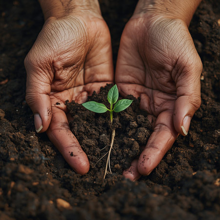 Hands holding a young green plant in the soil. Earth day conceptの素材